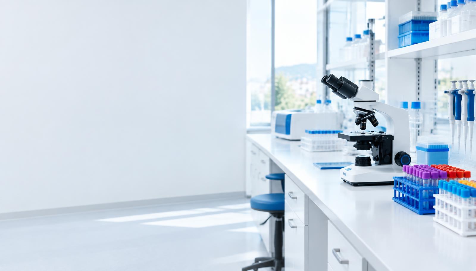 Bright clinical laboratory with microscope and sample racks